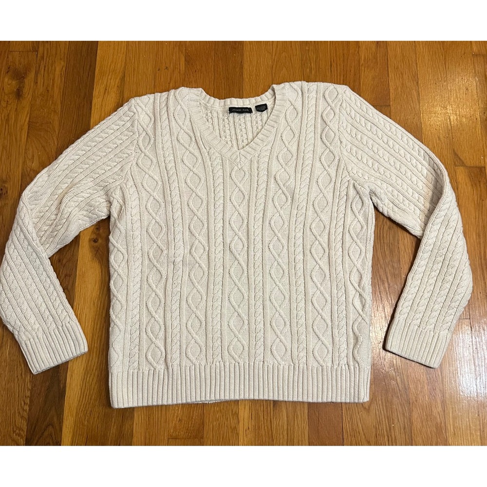 Jeanne Pierre Womens XL Cream Cable Knit V-Neck 100% Cotton Long Sleeve Sweater